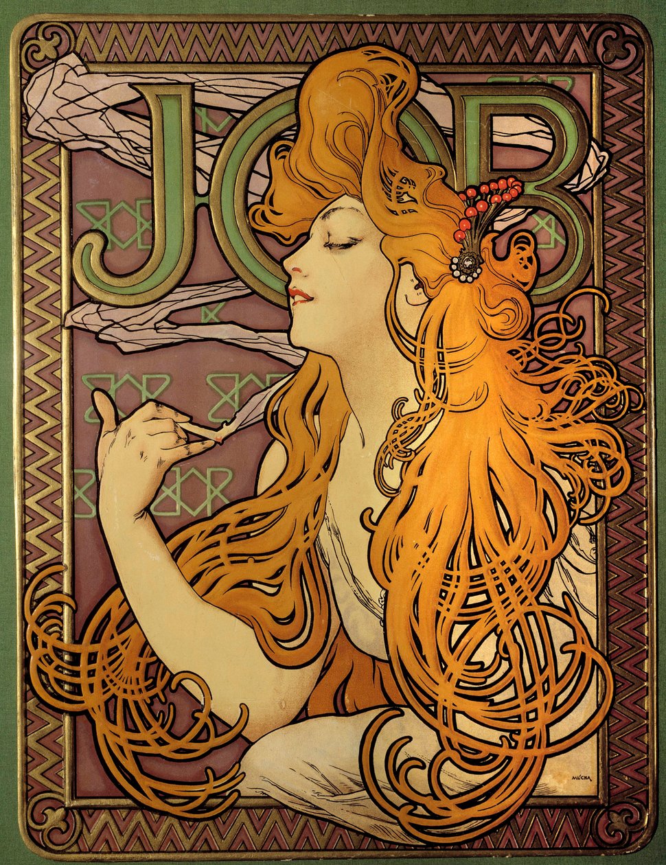 Kağıt markasının reklamı bir sigara “” İş””, Alphonse Mucha (1860-1939) tarafından litografi, illüstratör tchecoslovaque by Alphonse Mucha