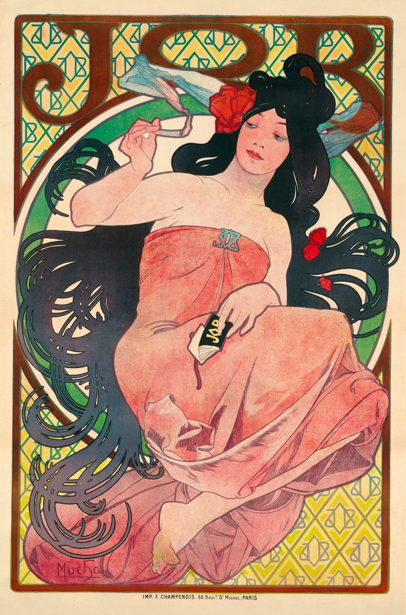 Kağıt mendil için reklam afişi İş - Kağıt kağıt için reklam afişi İş - Mucha, Alfons (Alphonse) Marie (1860-1939), Renkli litografi 1896 (51.5x39 cm) - Özel Koleksiyon by Alphonse Marie Mucha