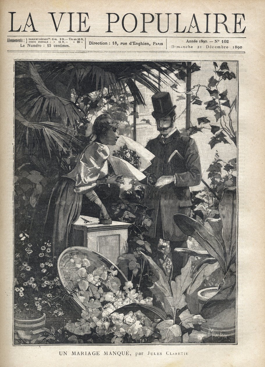Zarif bir adam bir çiçekçi dükkanından çiçek satın alır. Alfons Maria Mucha