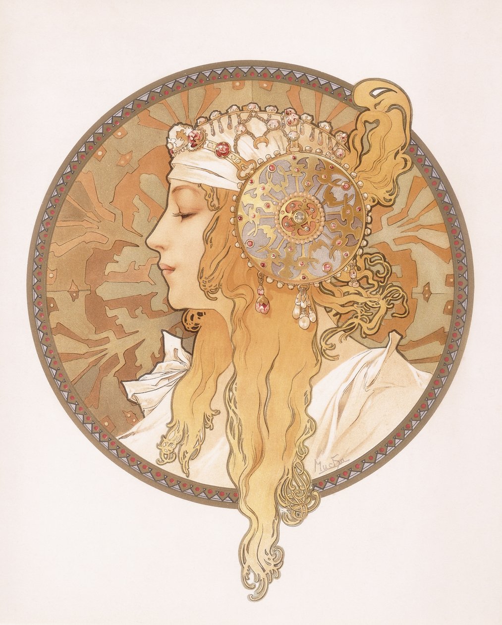 sarışın bir kızın Bizans başı; Sarışın bir kadının Bizans başı, 1897 dolayları by Alphonse Mucha