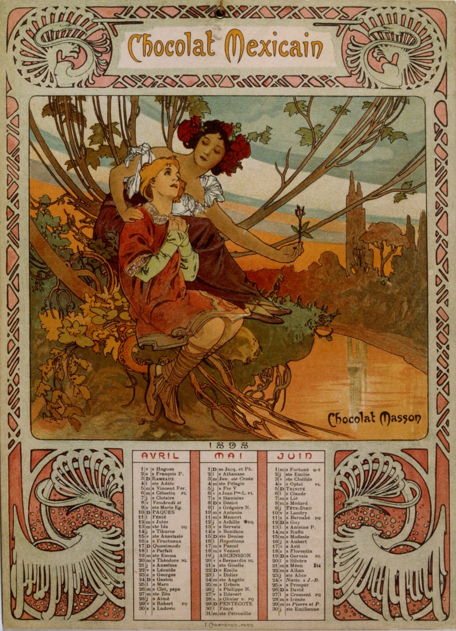 Mucha (1860 – 1939) tarafından resmedilen Çikolata Masson takvimi. Çek Art Nouveau ressamı by Alphonse Mucha