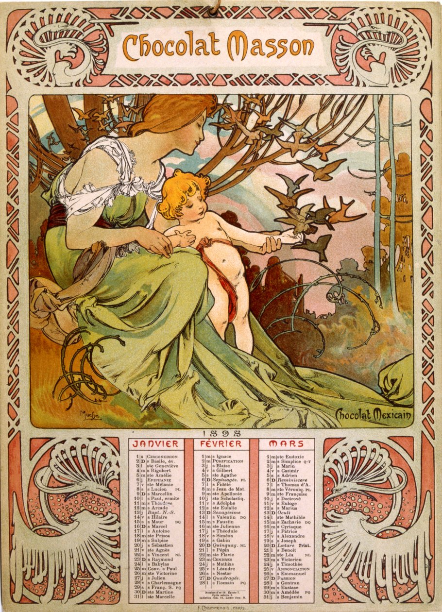 Mucha (1860 – 1939) tarafından resmedilen Çikolata Masson takvimi. Çek Art Nouveau ressamı by Alphonse Mucha