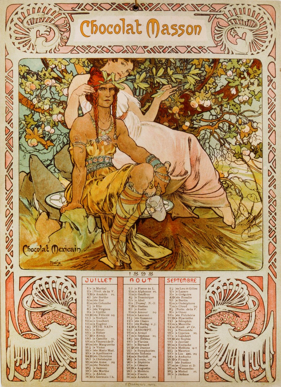 Mucha (1860 – 1939) tarafından resmedilen Çikolata Masson takvimi. Çek Art Nouveau ressamı by Alphonse Mucha