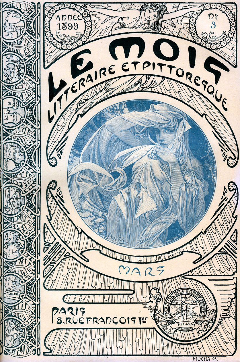 Derginin kapağı (aylık dergi) Alphonse Mucha (1860-1939) tarafından yazılan Edebi ve Pitoresk Ay: Mart 1899 - Maison de la Bonne Presse - by Alphonse Mucha
