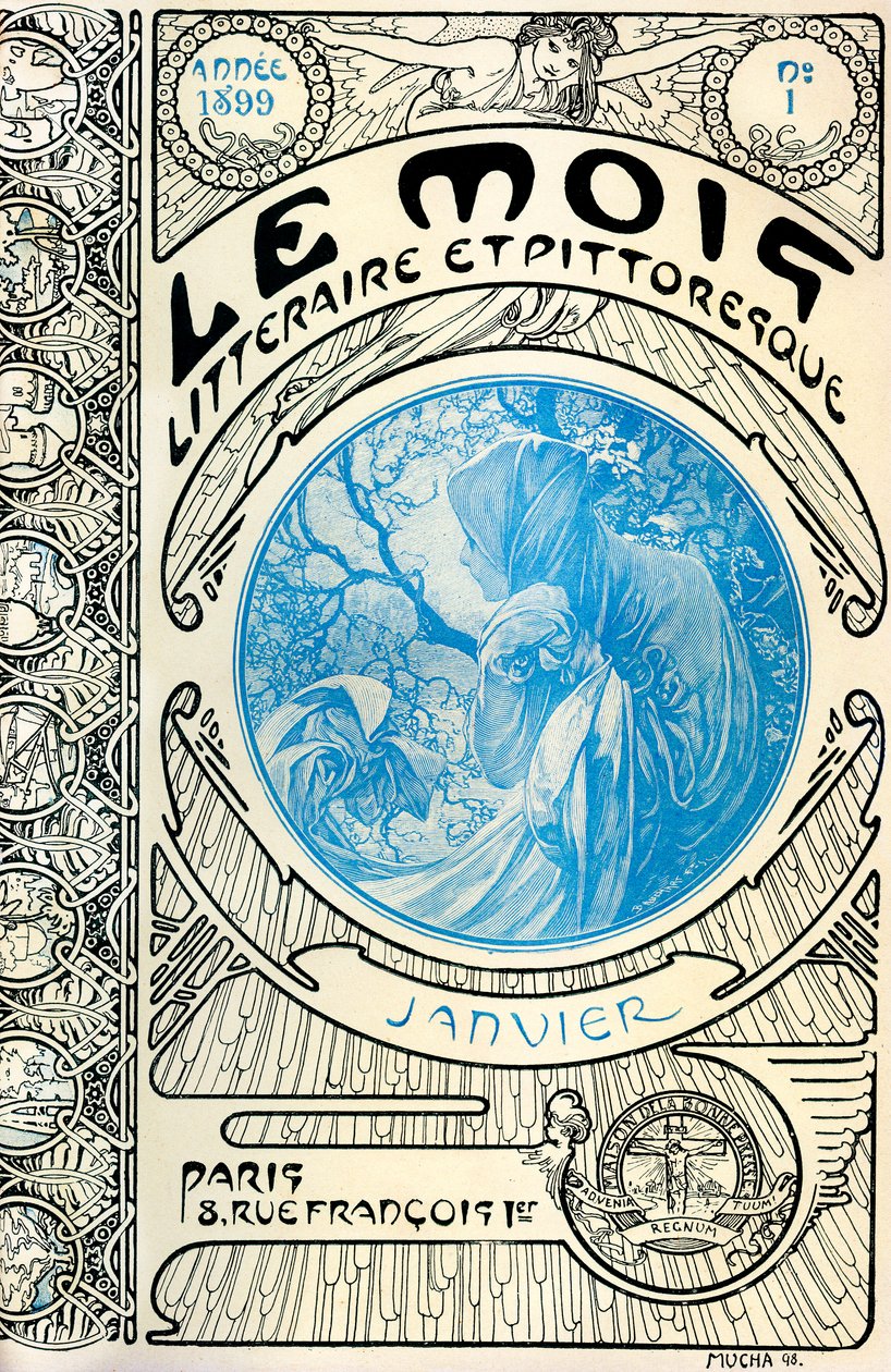 Derginin kapağı (aylık dergi) Alphonse Mucha (1860-1939) tarafından yazılan Edebi ve Pitoresk Ay: Ocak 1899 - Maison de la Bonne Presse - by Alphonse Mucha