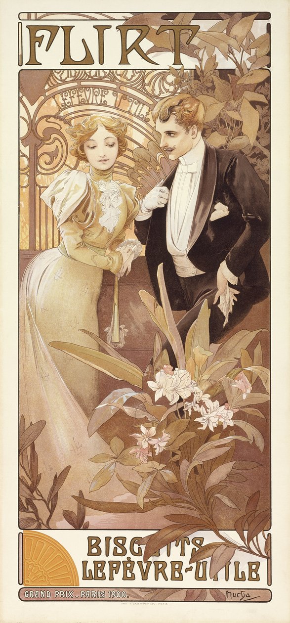 Flört, c.1895-1900 (renkli taş) by Alphonse Mucha