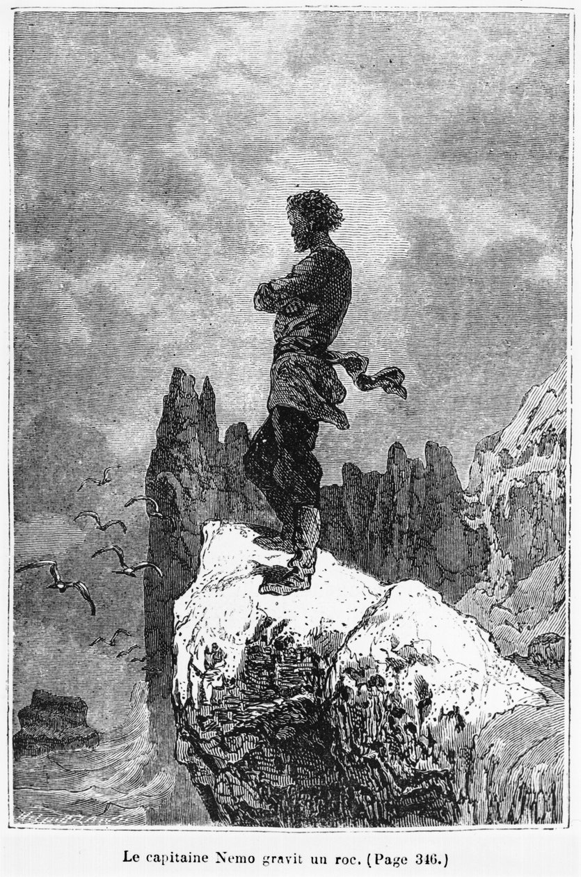 Kaptan Nemo bir kayaya tırmanıyor, Jules Verne (1828-1905) tarafından 