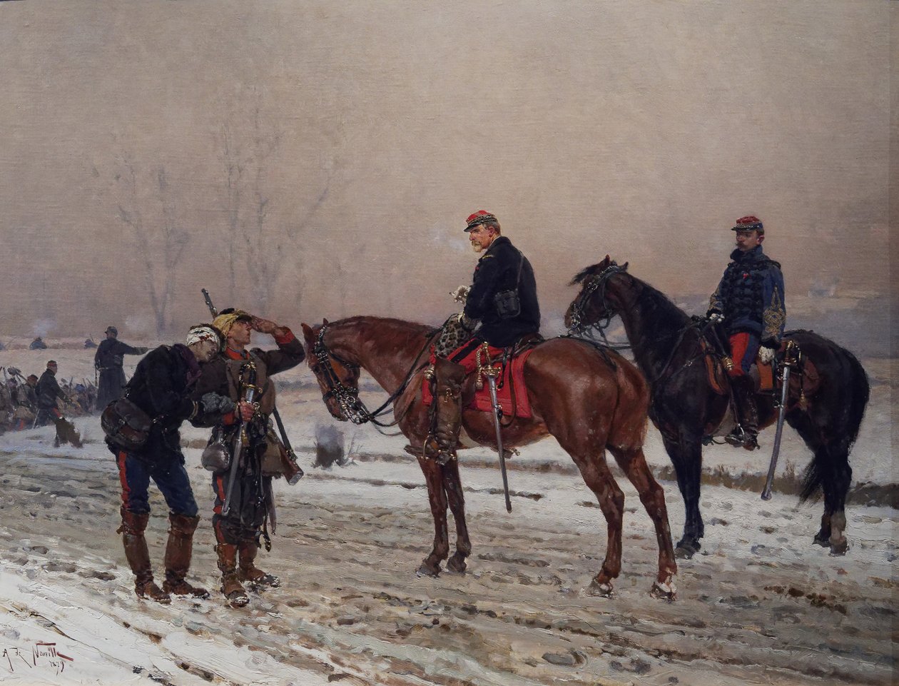 General, yaralı bir subayı destekleyen gezici bir muhafızı sorgularken, Aralık 1870 by Alphonse Marie de Neuville