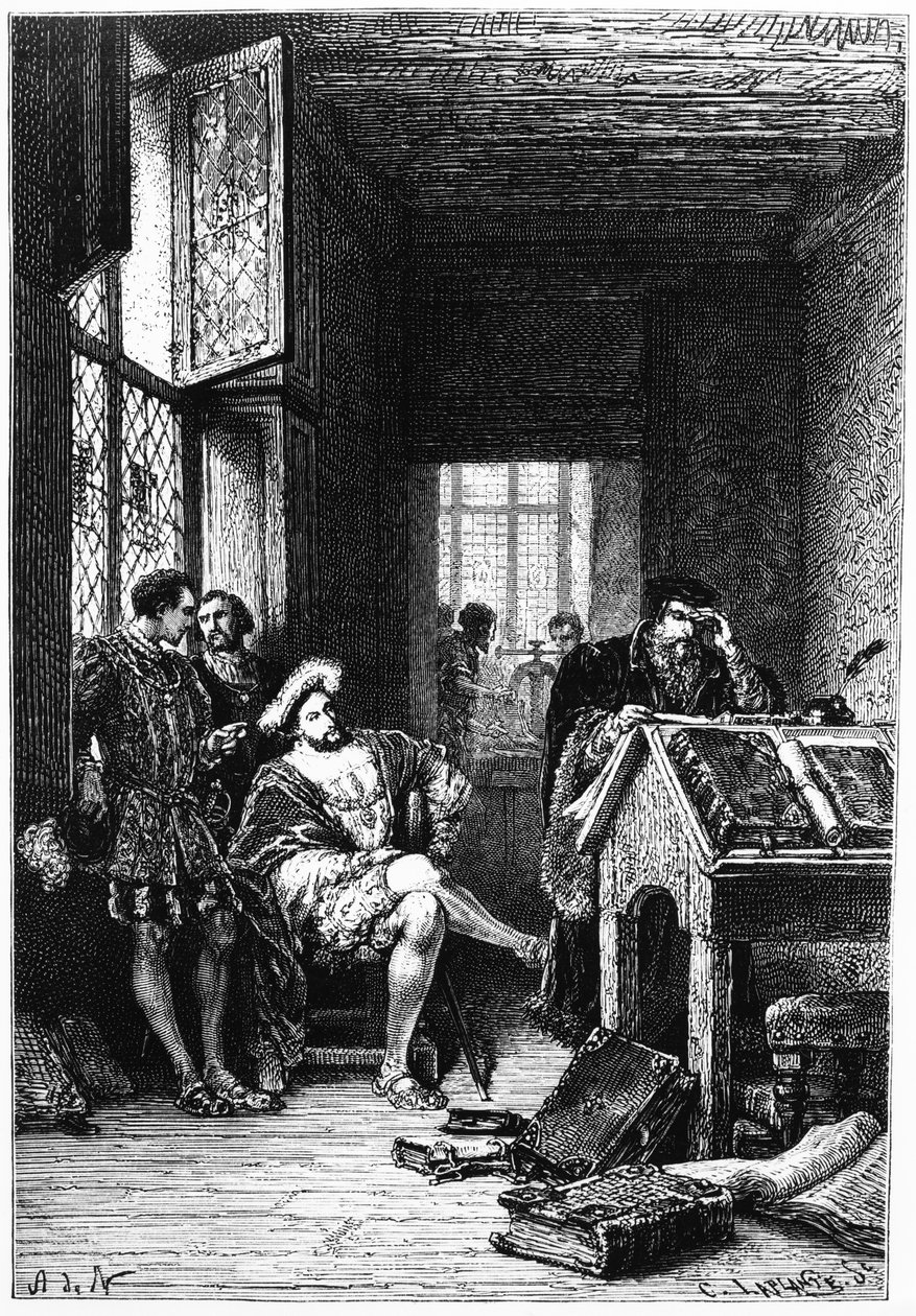 Fransa Kralı I. Francis, Robert Estienne'in atölyesinde, C. Laplante tarafından yapılmış baskı, Francois Guizot tarafından 'Fransa Tarihi'nden bir örnek, 1879 yayınlandı by Alphonse Marie de Neuville