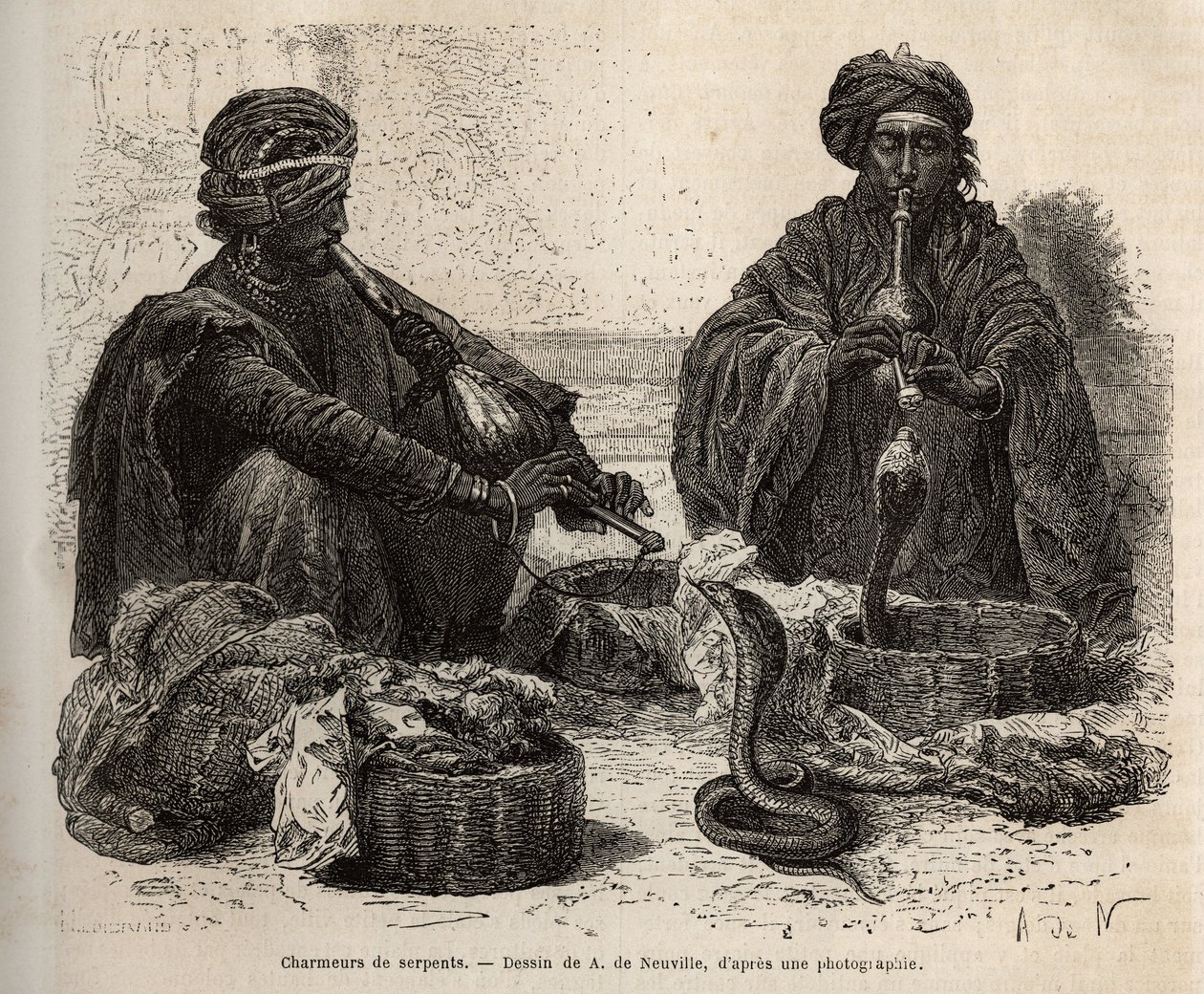 Toumril (flüt) üfleyerek kendilerine çeken sürüngenlerin ticaretini yapan Les charmeurs de serpents, Louis Rousselet tarafından 1864-1868