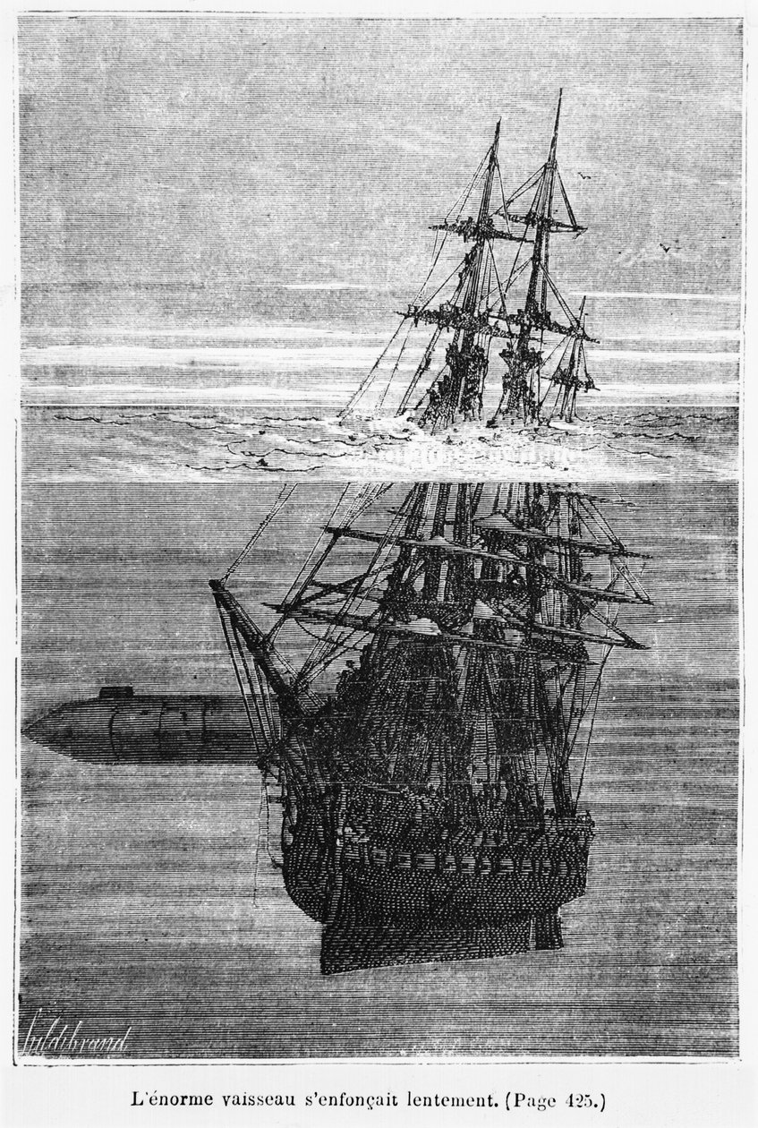 Nautilus, Henri Theophile Hildibrand (1824-97) tarafından oyulmuş Jules Verne (1828-1905) tarafından 'Denizler Altında 20.000 Fersah'dan bir çizim, Paris, Hetzel, 1877 yayınlandı by Alphonse Marie de Neuville