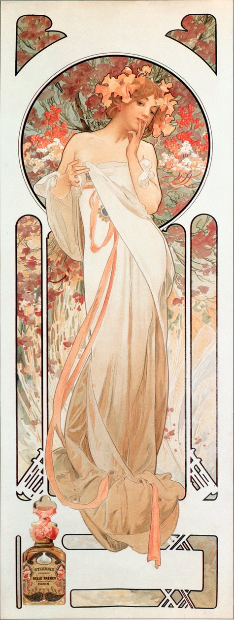 Alphonse Mucha (1860-1939) tarafından "Sylvanis özü" kokusu için reklam afişi 1899 - Dim 21x61 cm Alphonse Mucha tarafından "" Sylvanis özü "" parfümü için reklam afişi 1899 - Özel kol by Alphonse Mucha