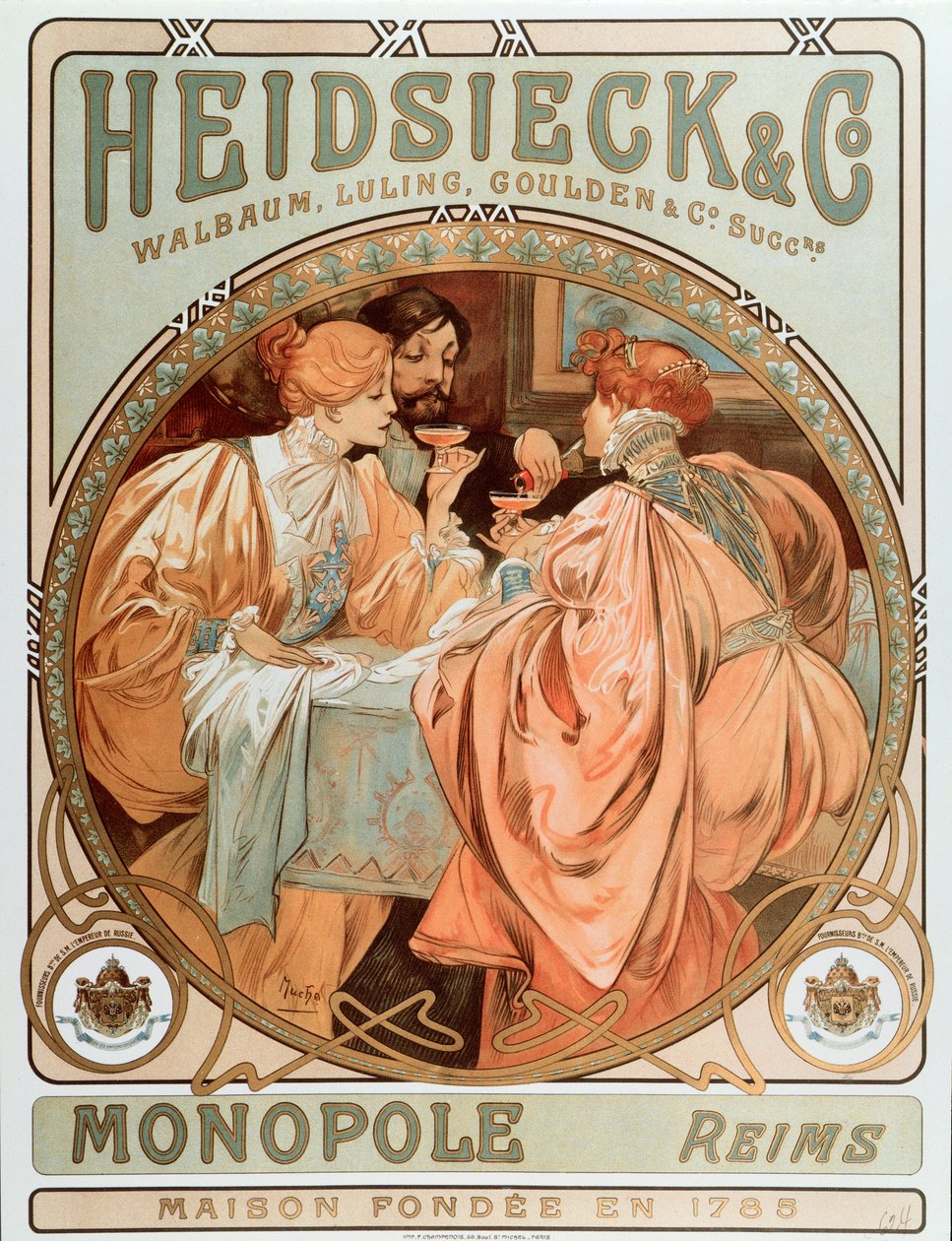 “” Heidsieck ve ortak “” Maison de Champagne Charles Heidsieck için reklam afişi, Alphonse Mucha (1860-1939) tarafından litografi 1901 - Heidsieck Champagne şirketi için reklam afişi, 1901 - Güneş 49x by Alphonse Mucha