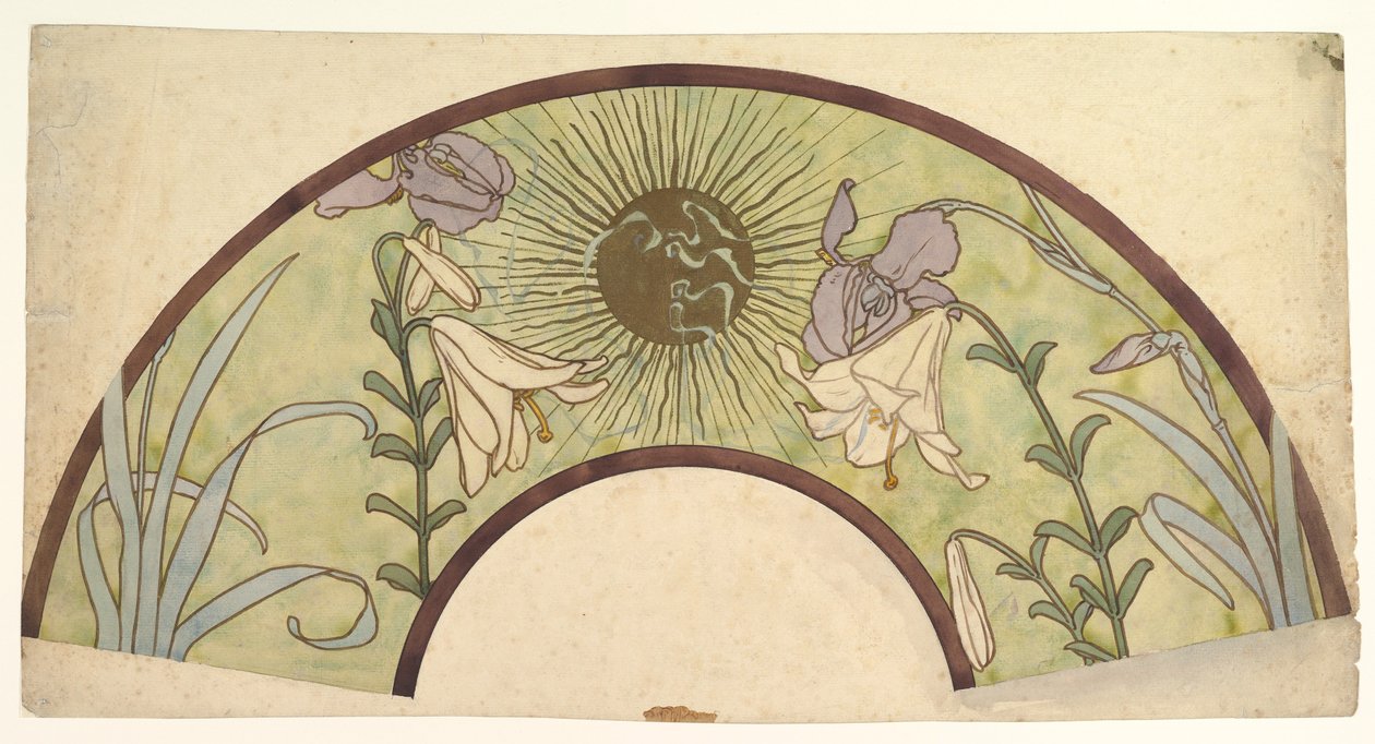 19. yüzyılın sonu - 20. yüzyılın ortası, güneş ışığı, zambak ve süsenli bir hayran için tasarım by Alphonse Mucha