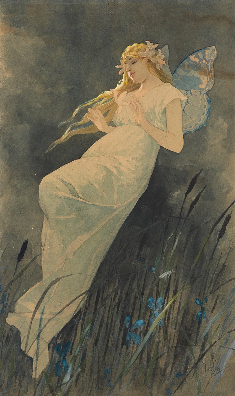 İris çiçekli elf, ca. 1886-1890. by Alphonse Mucha