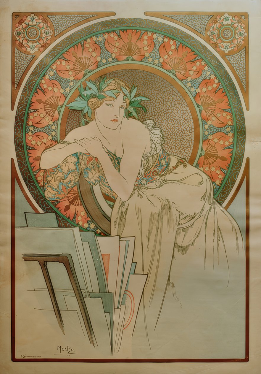 Haşhaş ve grafik portföyü olan kadın by Alphonse Mucha