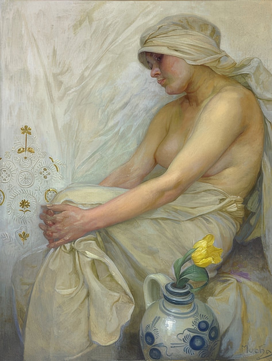 Oturan kız. 1914 civarında by Alphonse Mucha