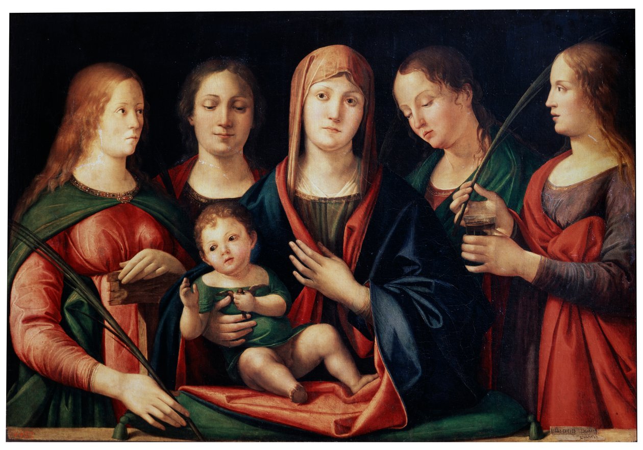 Madonna ve Mary Magdalen, Aziz Catherine ve iki Aziz ile Çocuk, 1504 by Alvise Vivarini