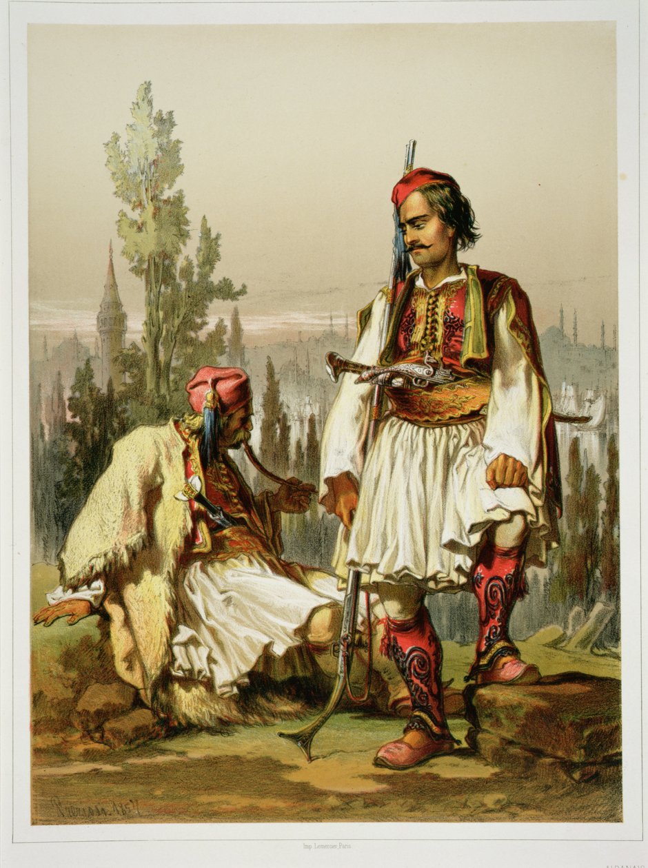 Arnavutlar, Osmanlı ordusunda paralı askerler, meyhane. Lemercier tarafından, 1857 by Amadeo Preziosi