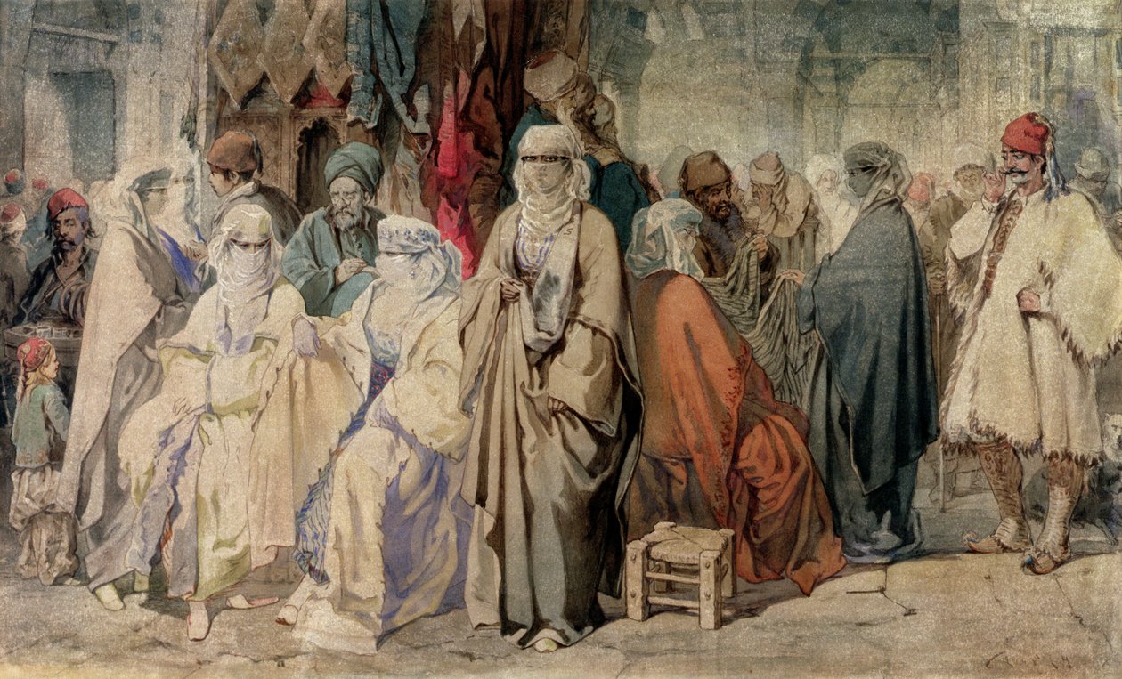 Çarşıdaki Rakamlar, Konstantinopolis (kağıt üzerinde mürekkep ve wc) by Amadeo Preziosi