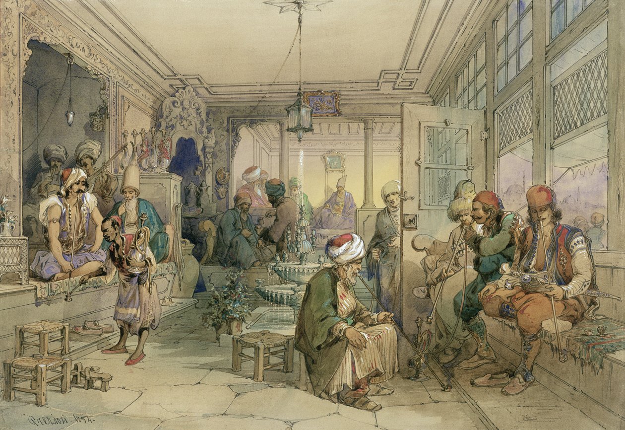 Bir Kahve Evi, Konstantinopolis, 1854 (kağıt üzerinde kalem ve mürekkep ve tuvalet) by Amadeo Preziosi