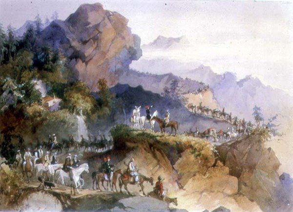Bir Dağ Sırasında Eskort Edilen Diplomatik Bir Parti (kağıt üzerine suluboya) by Amadeo Preziosi