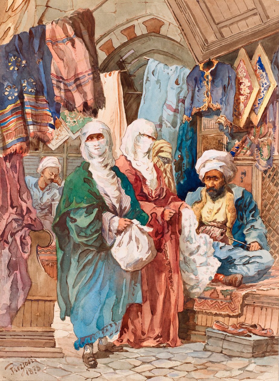 İpek Çarşısı (şark pazarı, çarşı, ipekli eşyalar) - İpek Çarşısı - Amedeo Preziosi (1816-1882), Kağıt üzerine suluboya (41x30 cm) - Pera Müzesi, İstanbul by Amadeo Preziosi