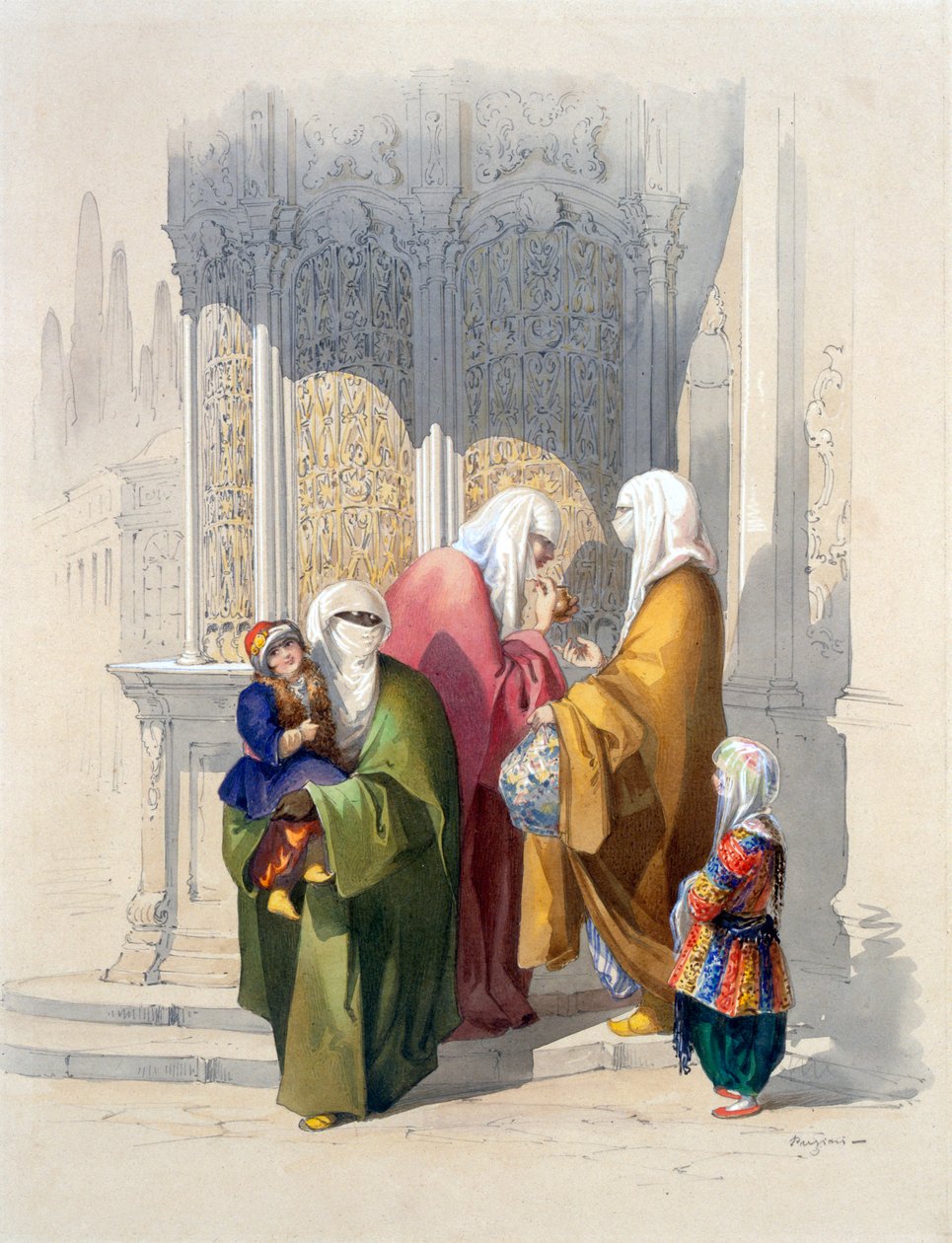 Zavallı bir siyah Afrikalı kadın ve çocuk, pub da dahil olmak üzere yoldan geçenlerle sokak sahnesi. 1865. by Amadeo Preziosi