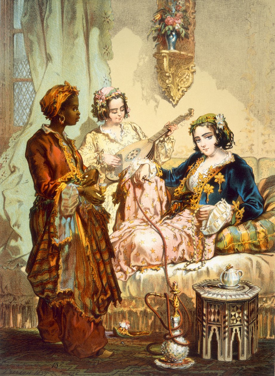Kahve Fincanı: Kahve içen ve hububat tüttüren iki kadın, pub. 1865. by Amadeo Preziosi