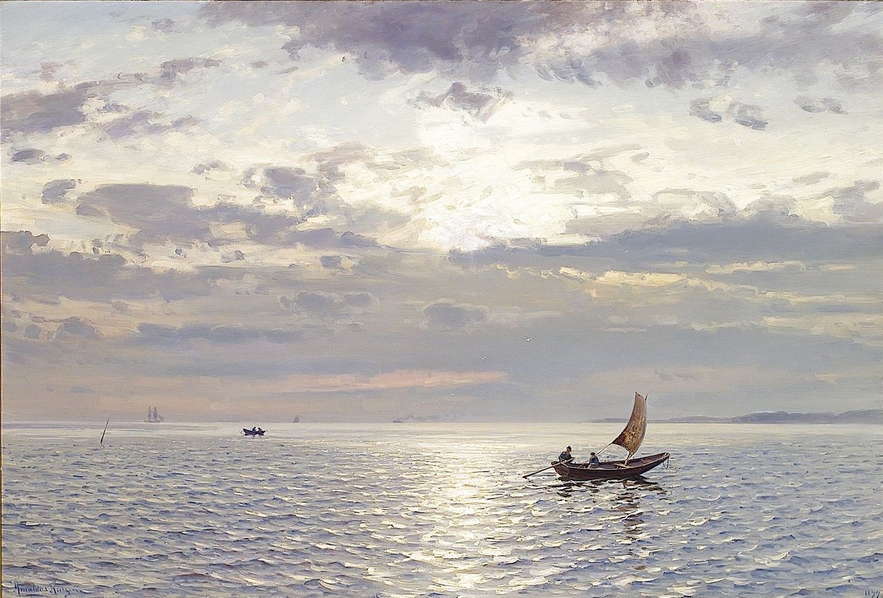 Denizin üzerinde akşam atmosferi Fiyorttan akşam deniz manzarası by Amaldus Nielsen