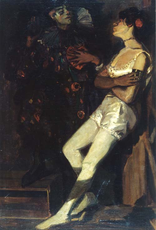 Stehende Artistin und Pierrot in einem abgedunkelten Raum by Amandus Faure