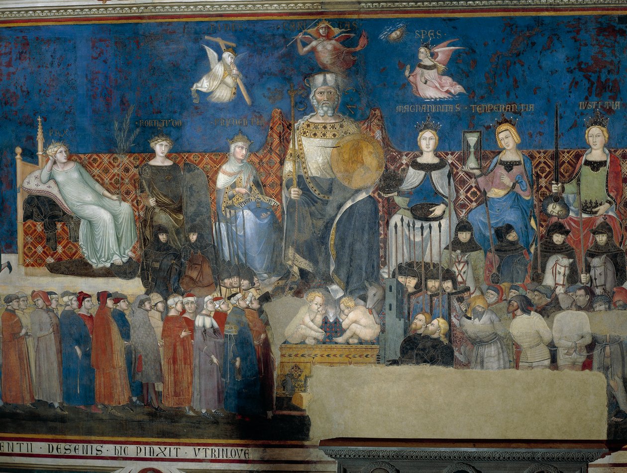 İyi Yönetim Alegorisi, Alegoriden Detaylar ve İyi ve Kötü Yönetimin Kasaba ve Ülke Üzerindeki Etkileri by Ambrogio Lorenzetti