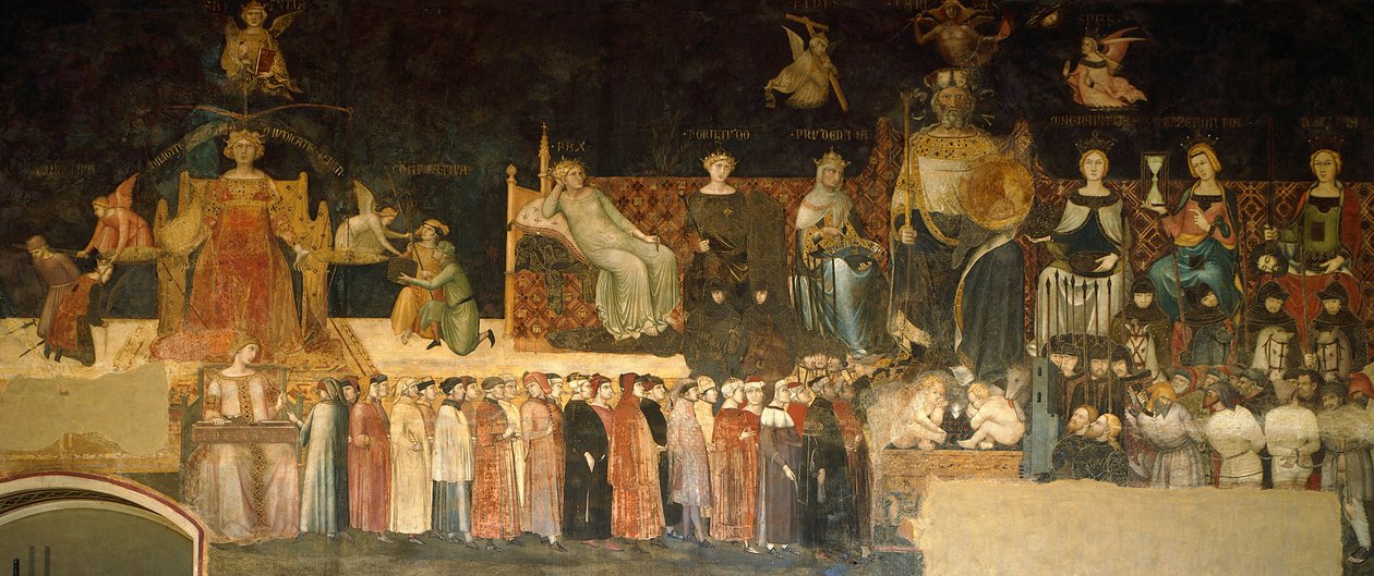 İyi Yönetim Alegorisi, Ambrogio Lorenzetti (aktif 1285-1348), fresk, Barış Salonu, Palazzo Publico, Siena tarafından Alegori ve iyi ve kötü yönetimin kasaba ve kırsaldaki etkilerinden detay by Ambrogio Lorenzetti