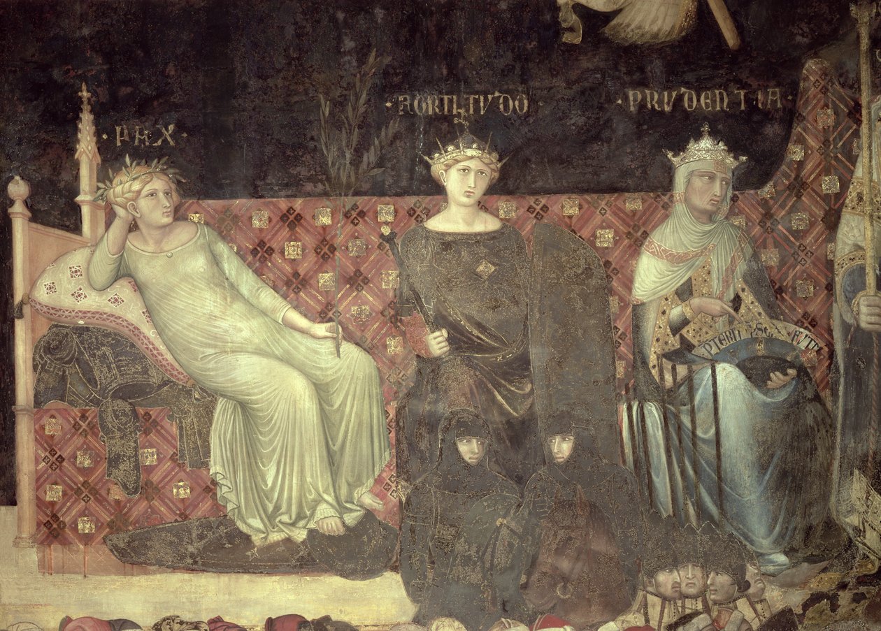 İyi Yönetim Alegorisi, Barış, Cesaret ve Basiret Detayı, 1338-40 by Ambrogio Lorenzetti