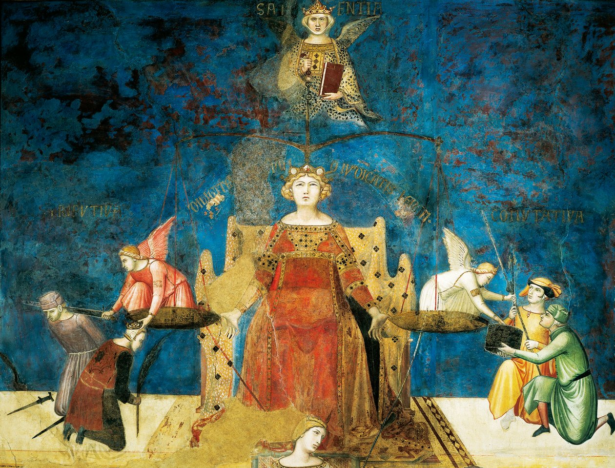 İyi Yönetim Alegorisi, bilgelik ve adalet, alegoriden ayrıntılar ve iyi ve kötü yönetimin kasaba ve kırdaki etkileri by Ambrogio Lorenzetti