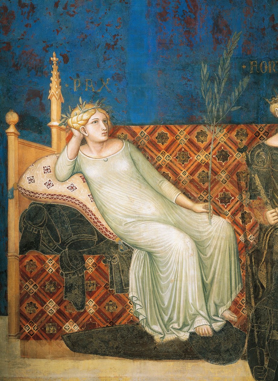 İyi hükümet alegorisi, barış, alegoriden detay ve iyi ve kötü yönetimin kasaba ve kırdaki etkileri by Ambrogio Lorenzetti