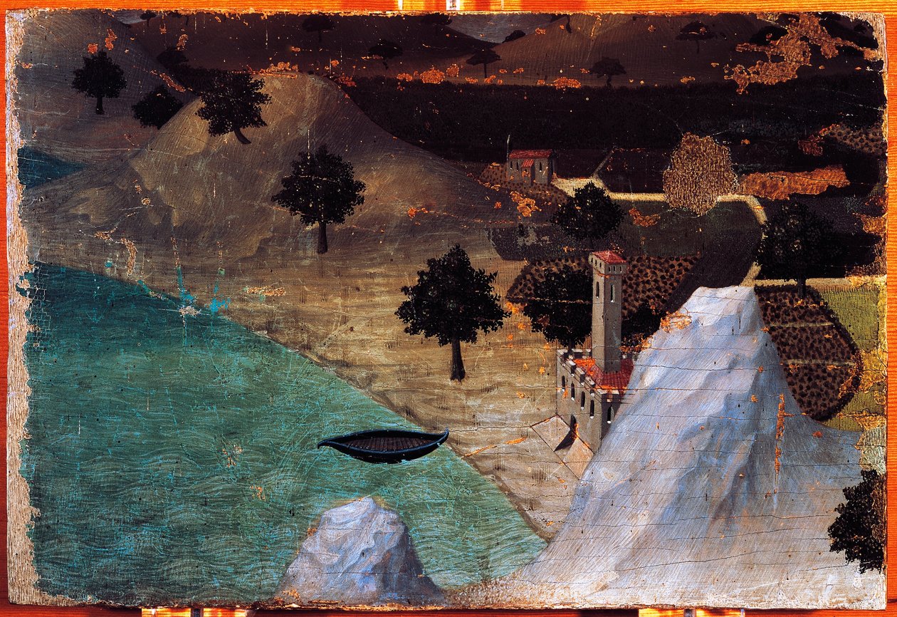 Göl kenarındaki kale, Ambrogio Lorenzetti (1319-1347), ahşap üzerine resim, 22x33 cm. by Ambrogio Lorenzetti