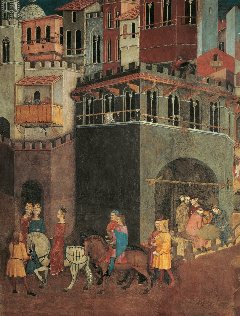 İyi Yönetimin Şehirdeki Etkileri, Şehrin Sokaklarında Asalet Alayı, Alegori Detayı ve İyi ve Kötü Yönetimin Kasaba ve Ülke Üzerindeki Etkileri by Ambrogio Lorenzetti