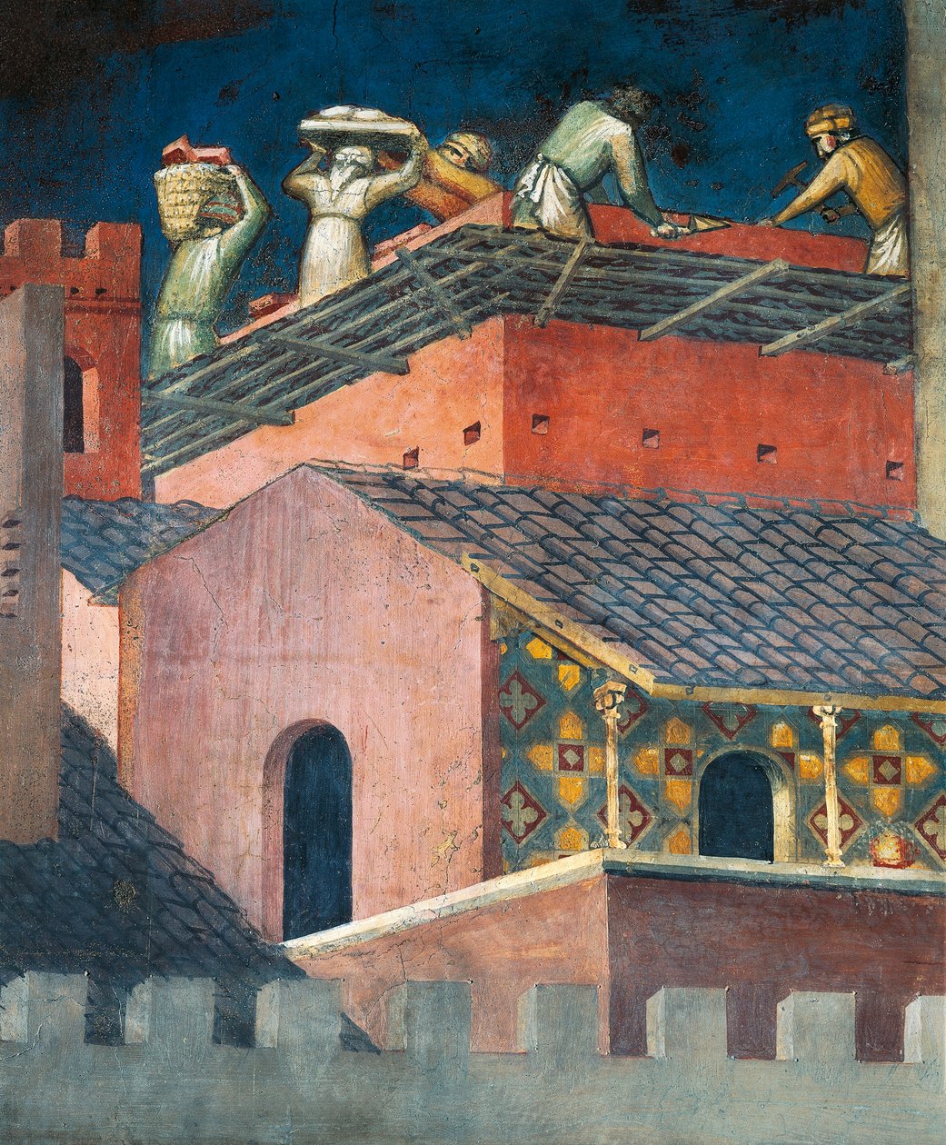 Şehirde İyi Yönetimin Etkileri, masonlar iş başında, Alegoriden detay ve iyi ve kötü yönetimin şehir ve taşradaki etkileri by Ambrogio Lorenzetti