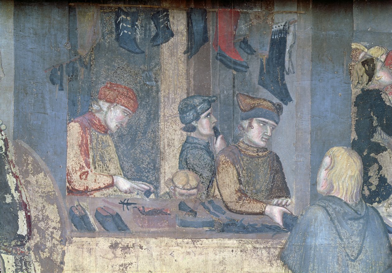 İyi Yönetimin Şehirdeki Etkileri, kunduracı dükkanındaki bir tüccar ve zanaatkarın detayı by Ambrogio Lorenzetti