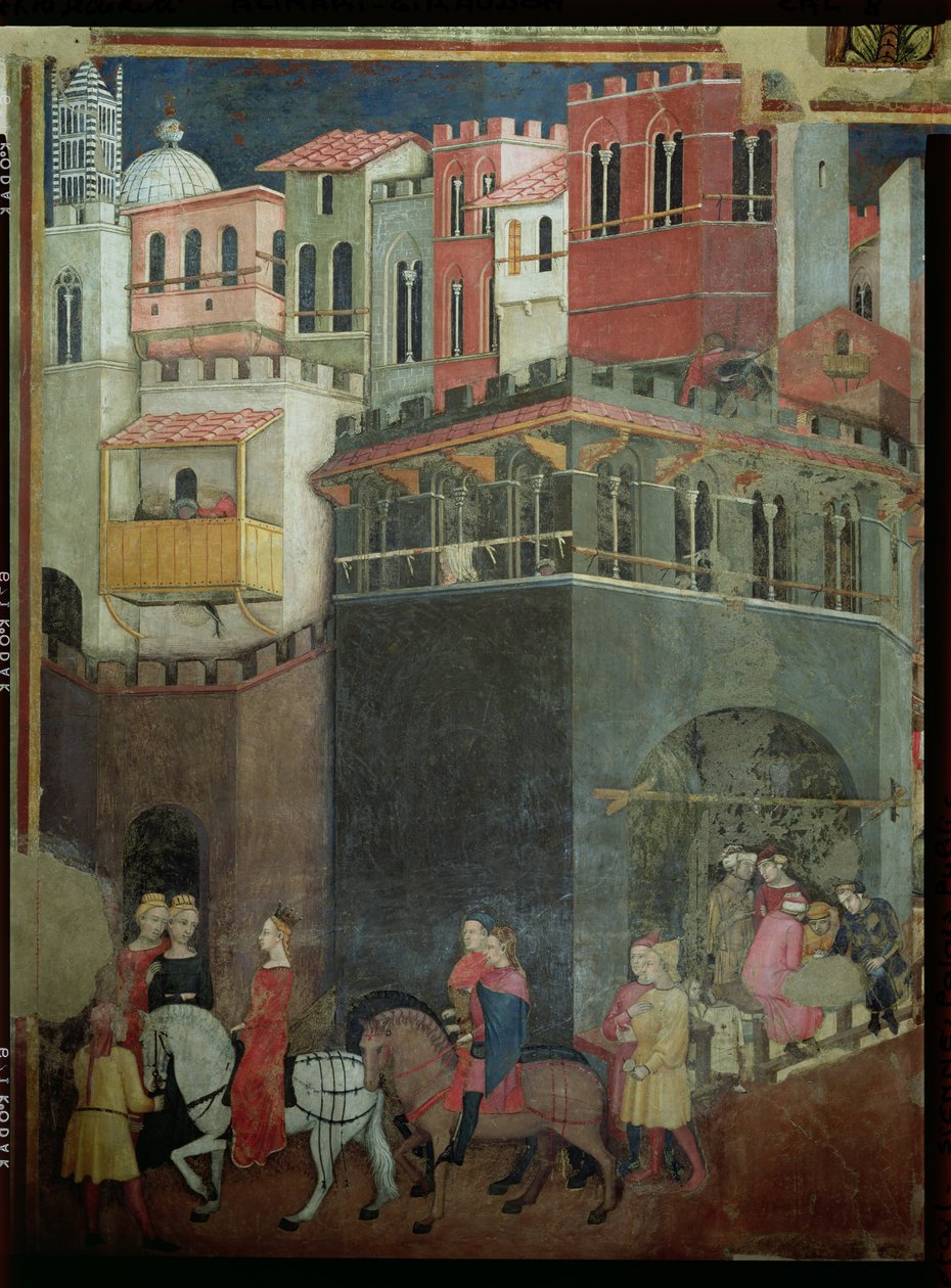 İyi Yönetimin Şehirdeki Etkileri, mimari detay ve vatandaşlar, 1338-40 by Ambrogio Lorenzetti