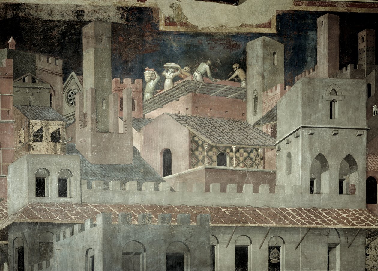İyi Yönetimin Şehirdeki Etkileri, mimarinin detayı ve bir evin inşaatı by Ambrogio Lorenzetti