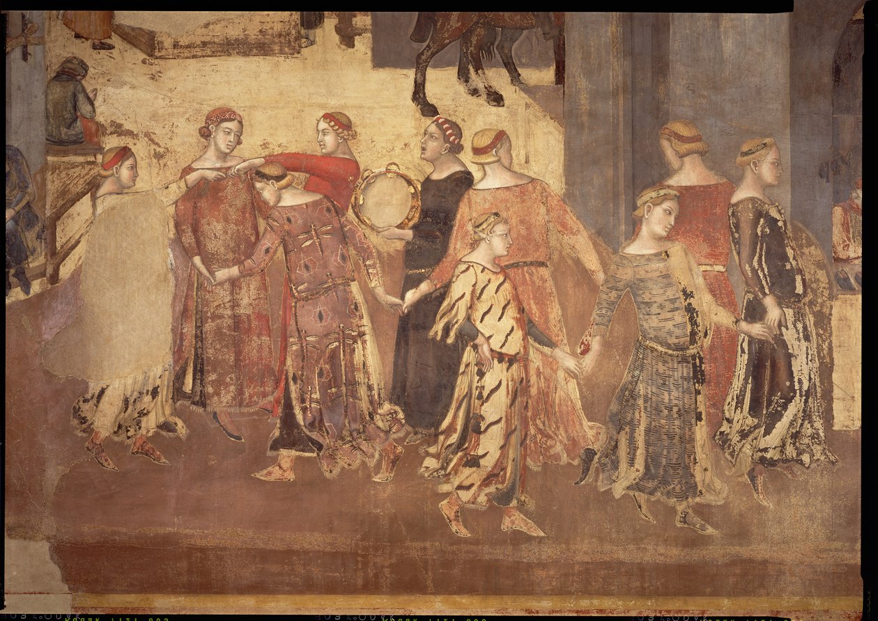 İyi Yönetimin Şehirdeki Etkileri, dansçılar ve tef çalanların detayı, 1338-40 by Ambrogio Lorenzetti
