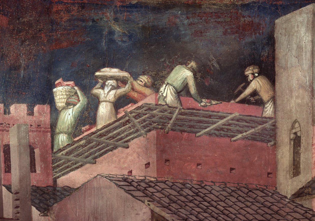 İyi Hükümetin Şehirdeki Etkileri, bir ev inşa eden işçilerin detayı by Ambrogio Lorenzetti