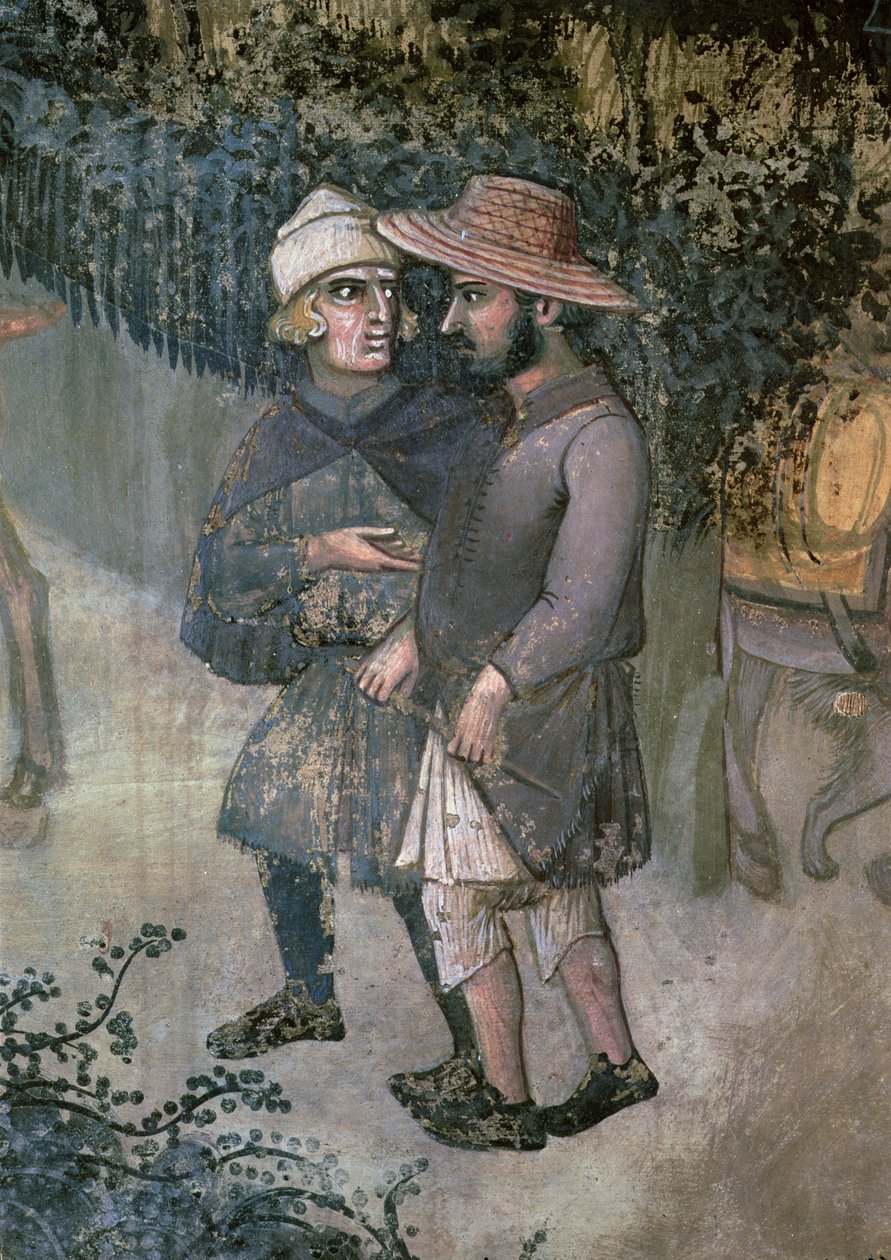 İyi Hükümetin Kırsaldaki Etkileri, yürüyen ve konuşan iki adamın detayı by Ambrogio Lorenzetti