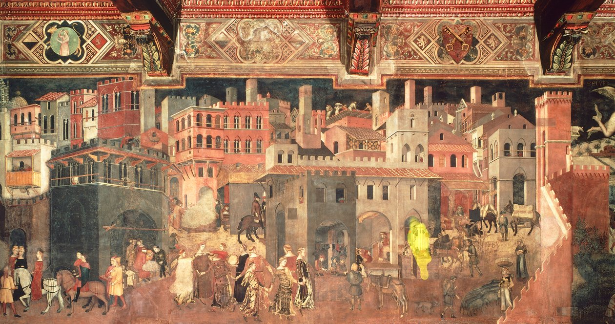 Şehirde iyi yönetimin etkileri, Alegoriden detay ve iyi ve kötü yönetimin şehir ve kırdaki etkileri by Ambrogio Lorenzetti