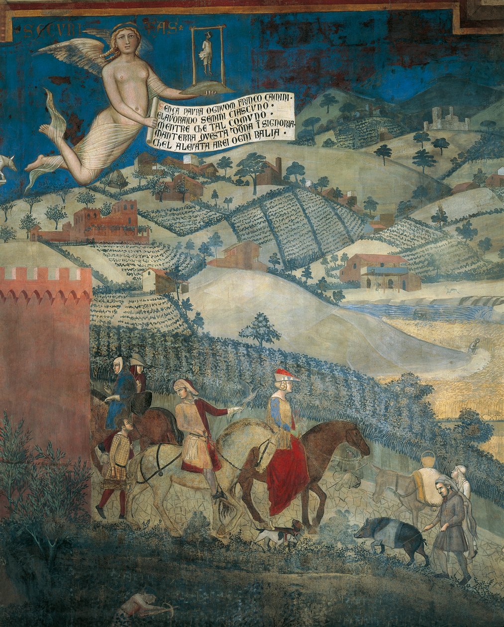 Ülkede iyi yönetimin etkileri, Alegoriden detay ve iyi ve kötü yönetimin kasaba ve ülkede etkileri by Ambrogio Lorenzetti