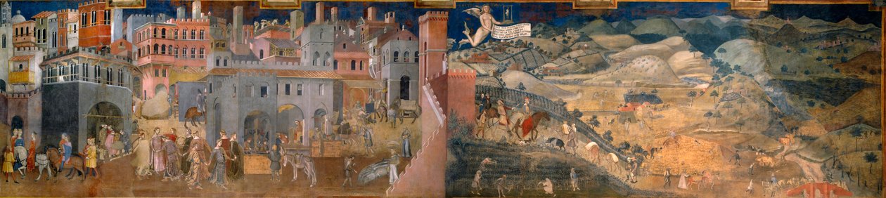 İyi ve kötü hükümetin kasaba ve kırdaki etkileri. Şehirde ve kırda iyi hükümetin etkilerinin ayrıntıları. by Ambrogio Lorenzetti