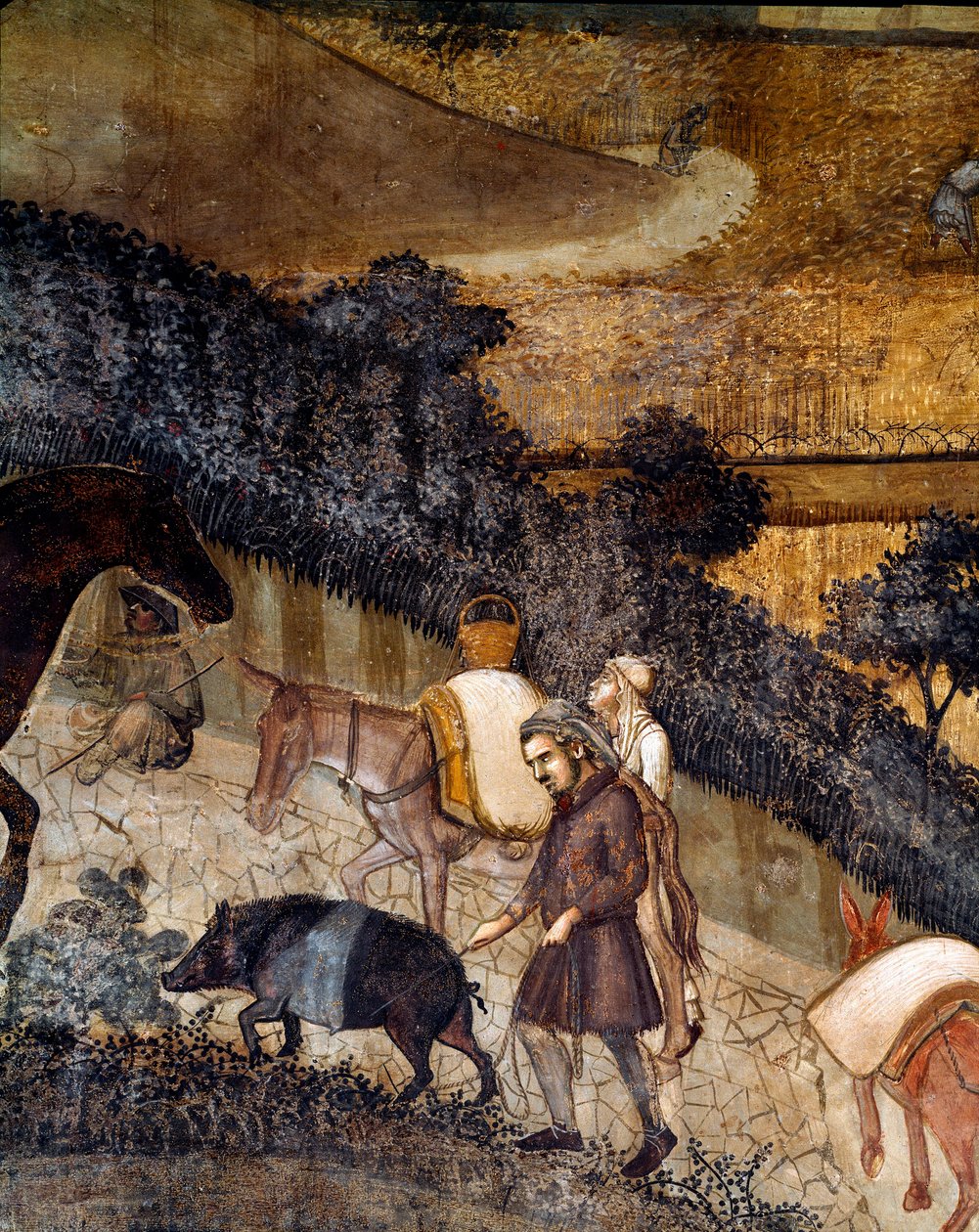 Tarlaları süren köylüler. İyi ve kötü yönetimin şehir ve kırsal alan üzerindeki etkilerinin detayı. (Fresk by Ambrogio Lorenzetti