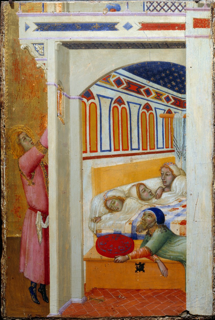 Bari Aziz Nikolaos (veya Myra Aziz Nikolaos, 270-345) Hayır Kurumu. Bir babanın üç küçük kızına evlilik çeyizi veremeyeceğini öğrenen Nicolas, geceleyin pencereden parayı fırlatır. Ambrogio Lorenzetti